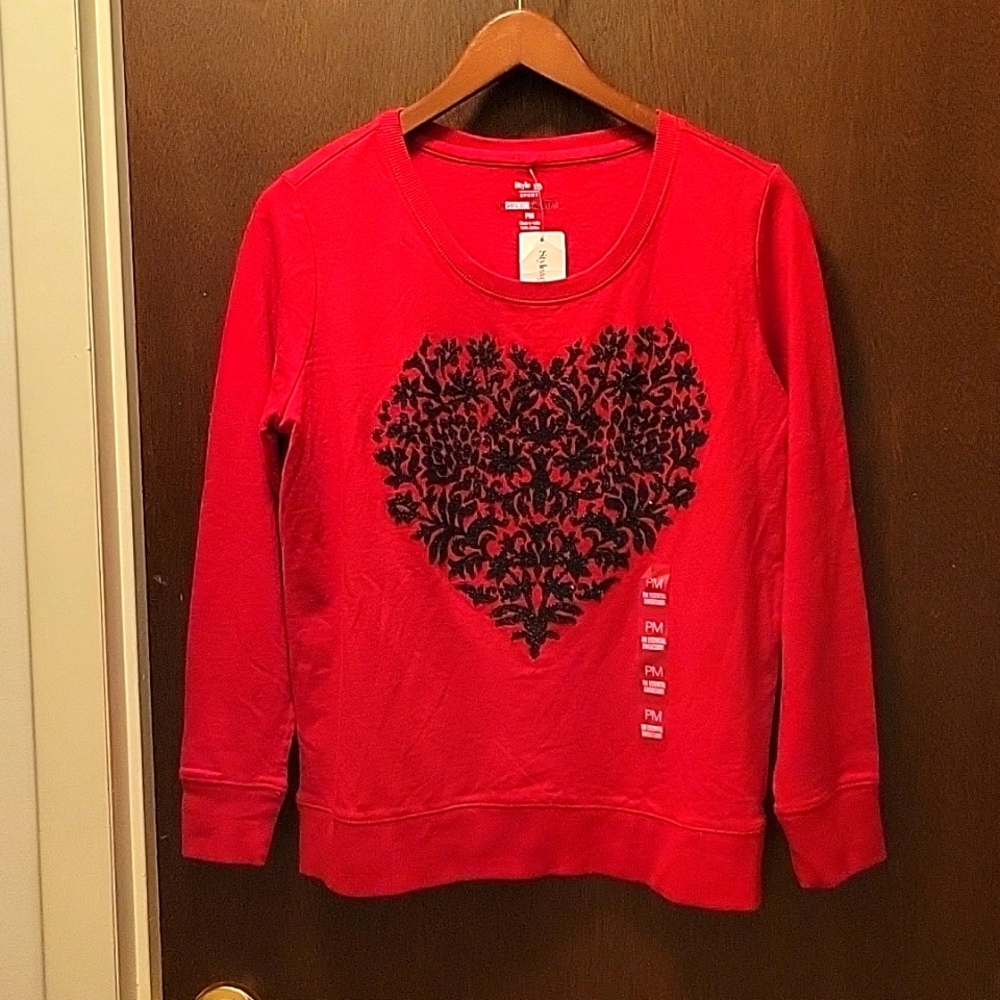 Style & Co. Red Crewneck Sweatshirt with Black Heart Floral